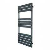 Sleek anthracite grey flat panel towel radiator, 1200mm x 500mm, featuring horizontal slats for modern bathroom decor and efficient heating