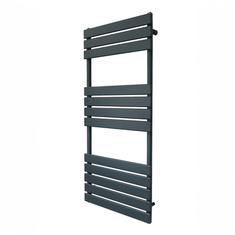 Sleek anthracite grey flat panel towel radiator, 1200mm x 500mm, featuring horizontal slats for modern bathroom decor and efficient heating