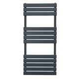 Sleek anthracite grey flat panel towel radiator, 1200mm x 500mm, featuring horizontal slats for modern heating and towel drying