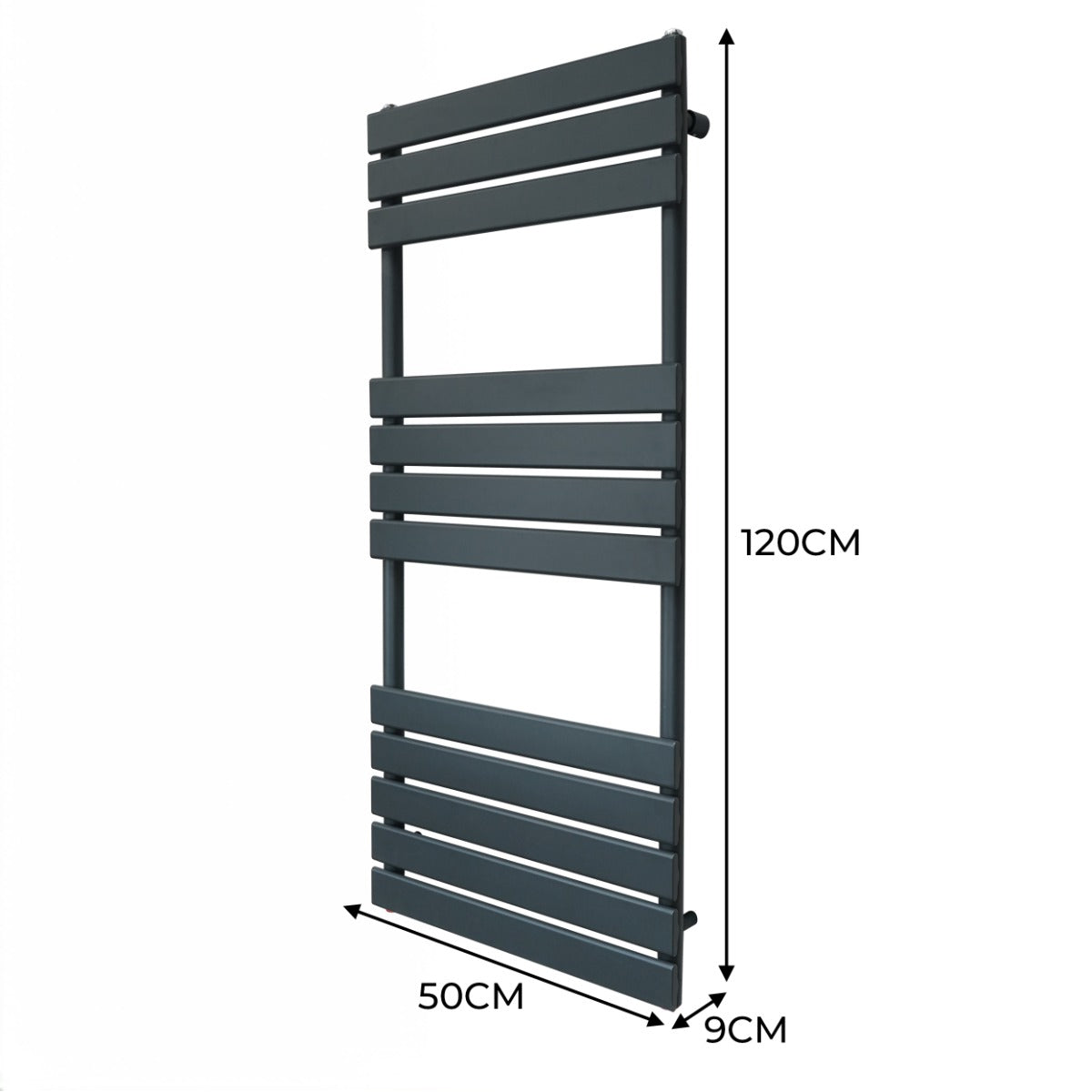 Anthracite grey flat panel towel radiator measuring 1200mm x 500mm, featuring sleek horizontal bars and a modern design