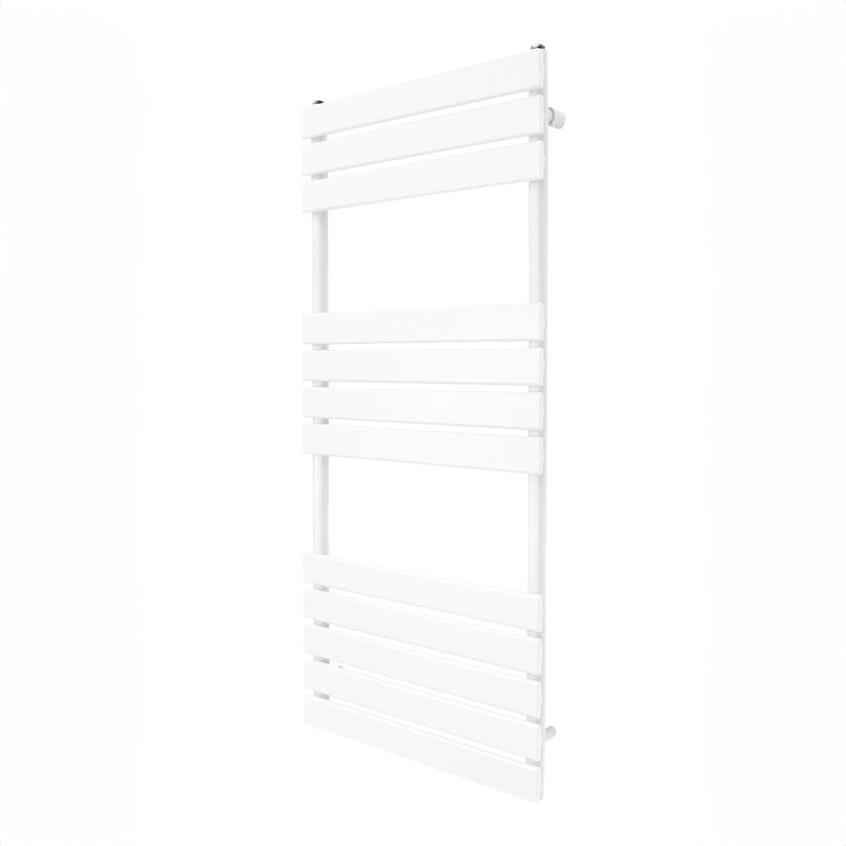 Sleek white flat panel towel radiator, 1200mm x 500mm, featuring horizontal slats for efficient drying and modern design
