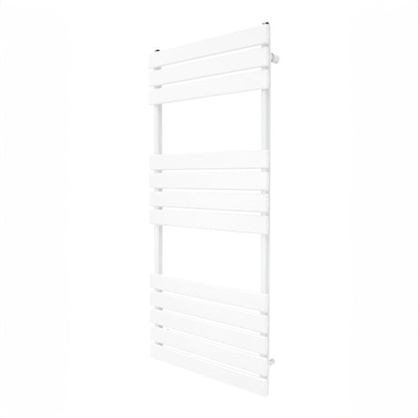 Sleek white flat panel towel radiator, 1200mm x 500mm, featuring horizontal slats for efficient drying and modern design