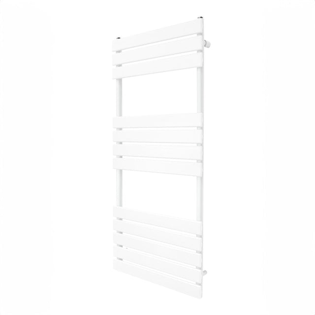 Sleek white flat panel towel radiator, 1200mm x 500mm, featuring horizontal slats for efficient drying and modern design