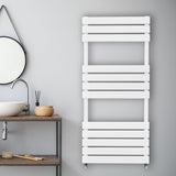 Sleek white flat panel towel radiator mounted on a gray wall, featuring horizontal slats and a modern design for stylish heating