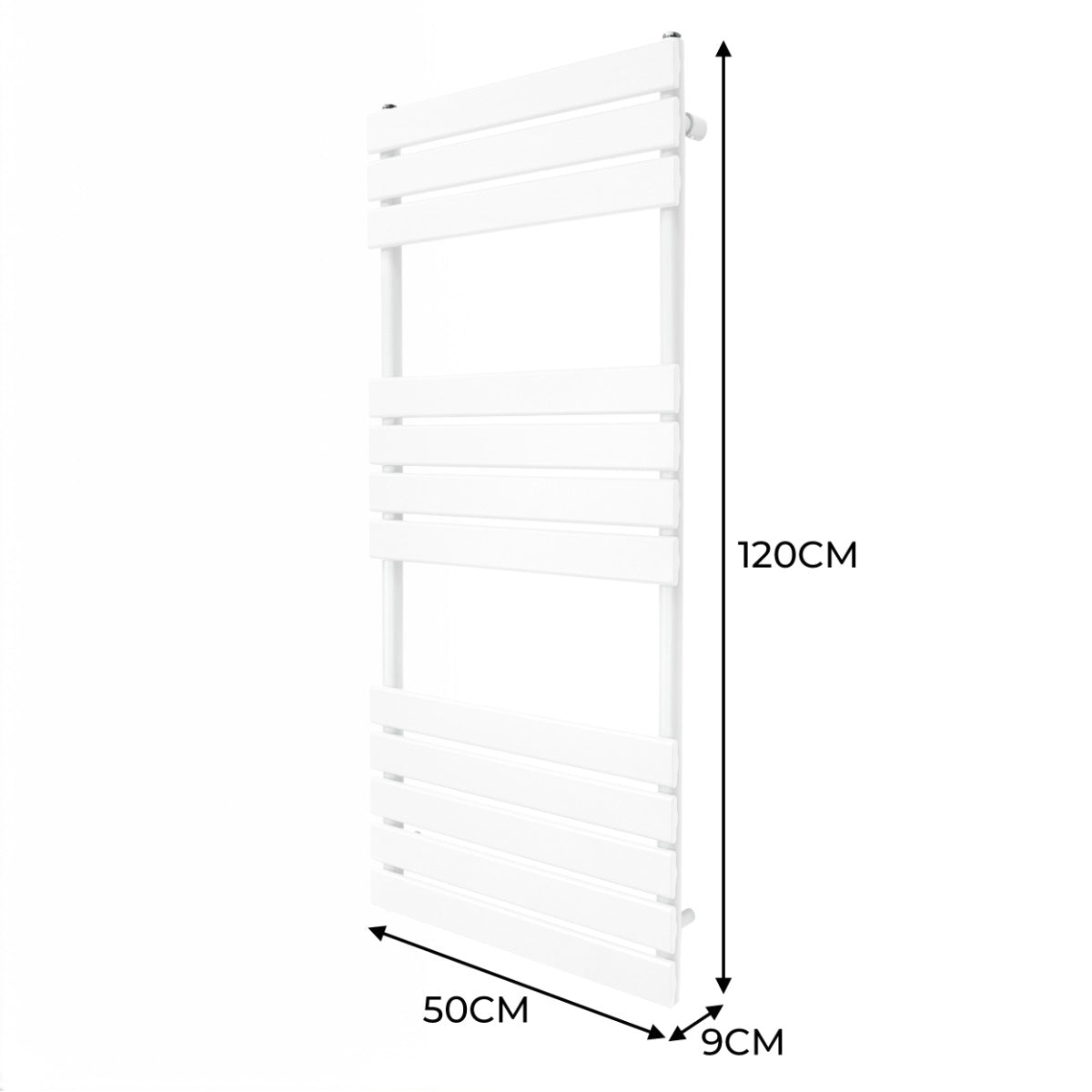 Sleek white flat panel towel radiator measuring 1200mm x 500mm, featuring smooth lines and a modern design for efficient heating