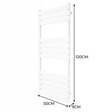 Sleek white flat panel towel radiator measuring 1200mm x 500mm, featuring smooth lines and a modern design for efficient heating