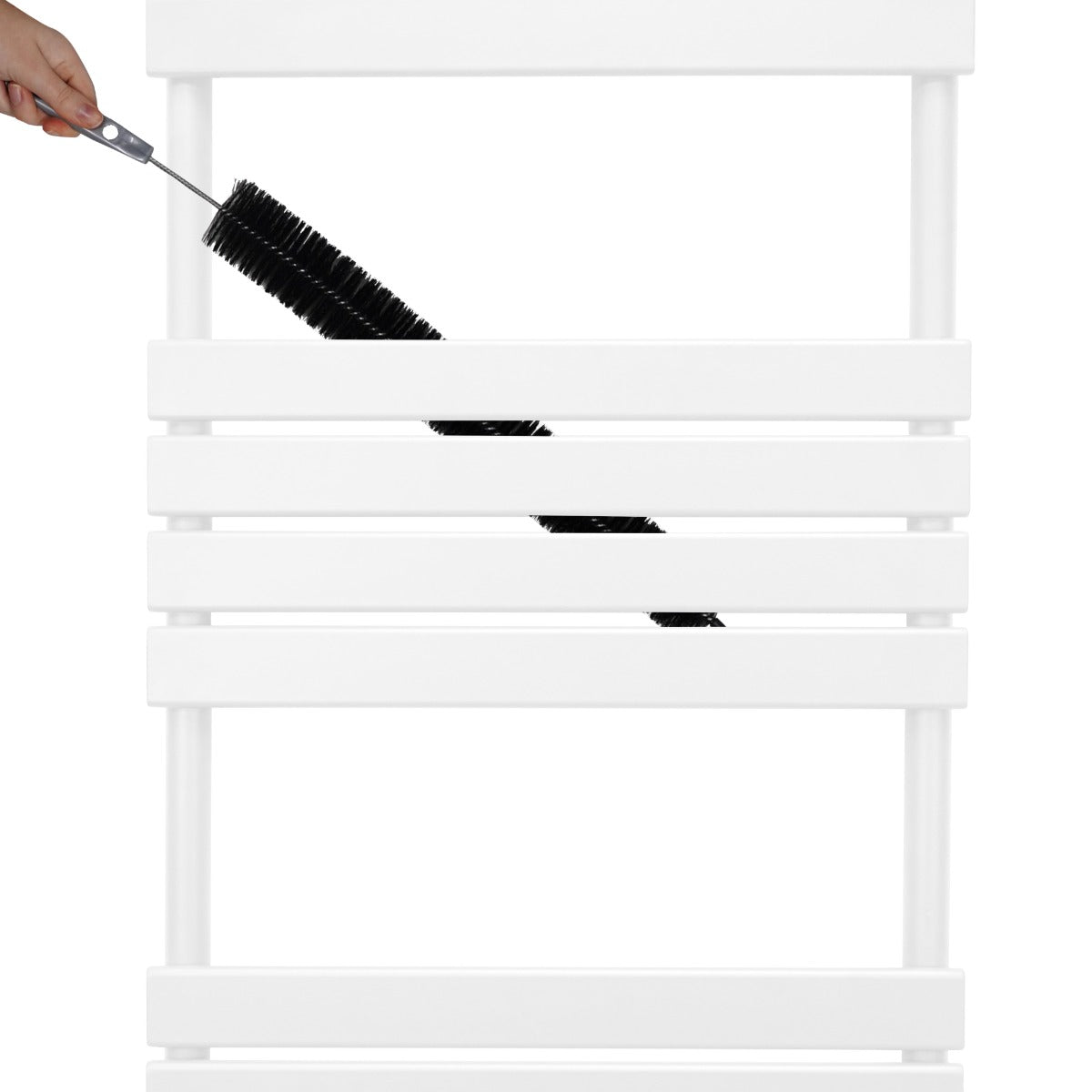 White flat panel towel radiator with sleek lines and a hand using a black cleaning brush to maintain its smooth surface