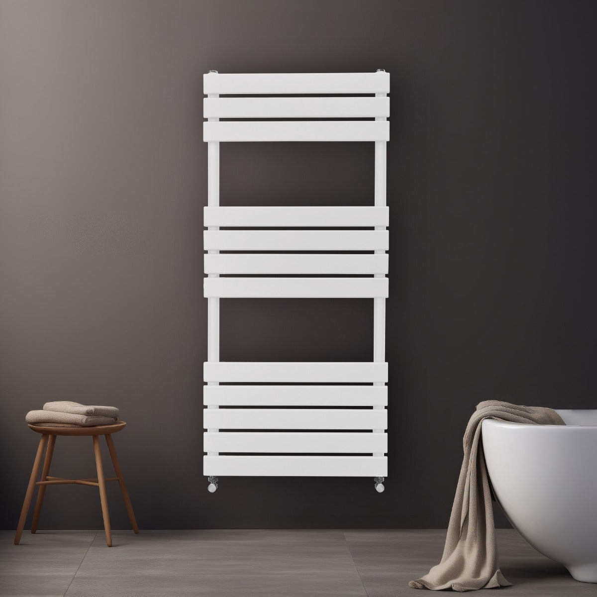 Sleek white flat panel towel radiator with horizontal slats, mounted on a dark wall, beside a modern bathtub and wooden stool