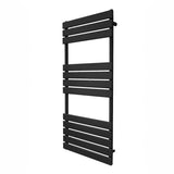 Sleek black flat panel towel radiator, measuring 1200mm x 500mm, featuring horizontal slats for efficient drying and modern decor
