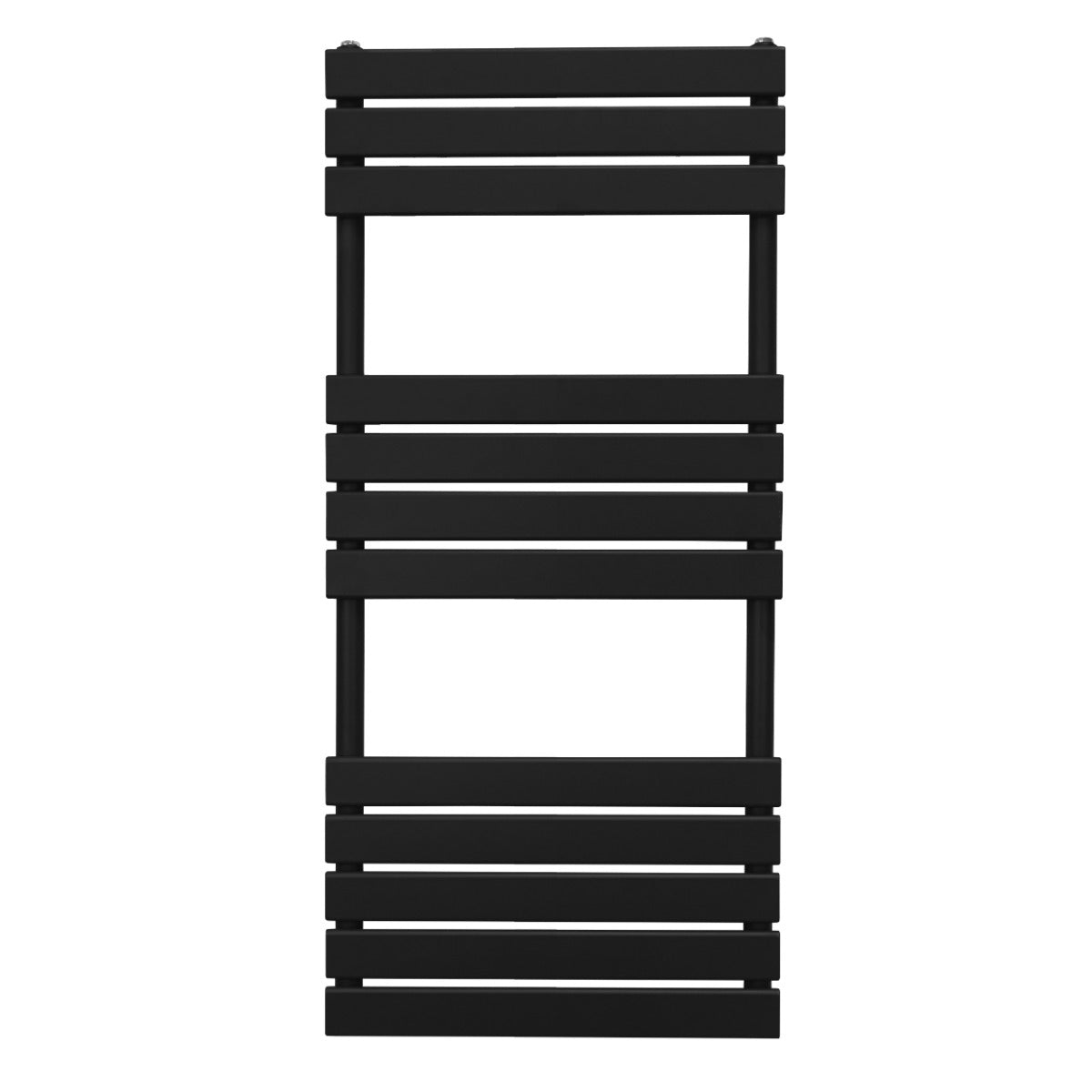 Sleek black flat panel towel radiator, 1200mm x 500mm, featuring horizontal slats for efficient drying and modern design