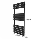 Sleek black flat panel towel radiator measuring 1200mm x 500mm, featuring horizontal slats and a modern design for stylish heating