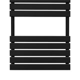 Sleek black flat panel towel radiator with horizontal slats, measuring 1200mm x 500mm, perfect for modern bathrooms