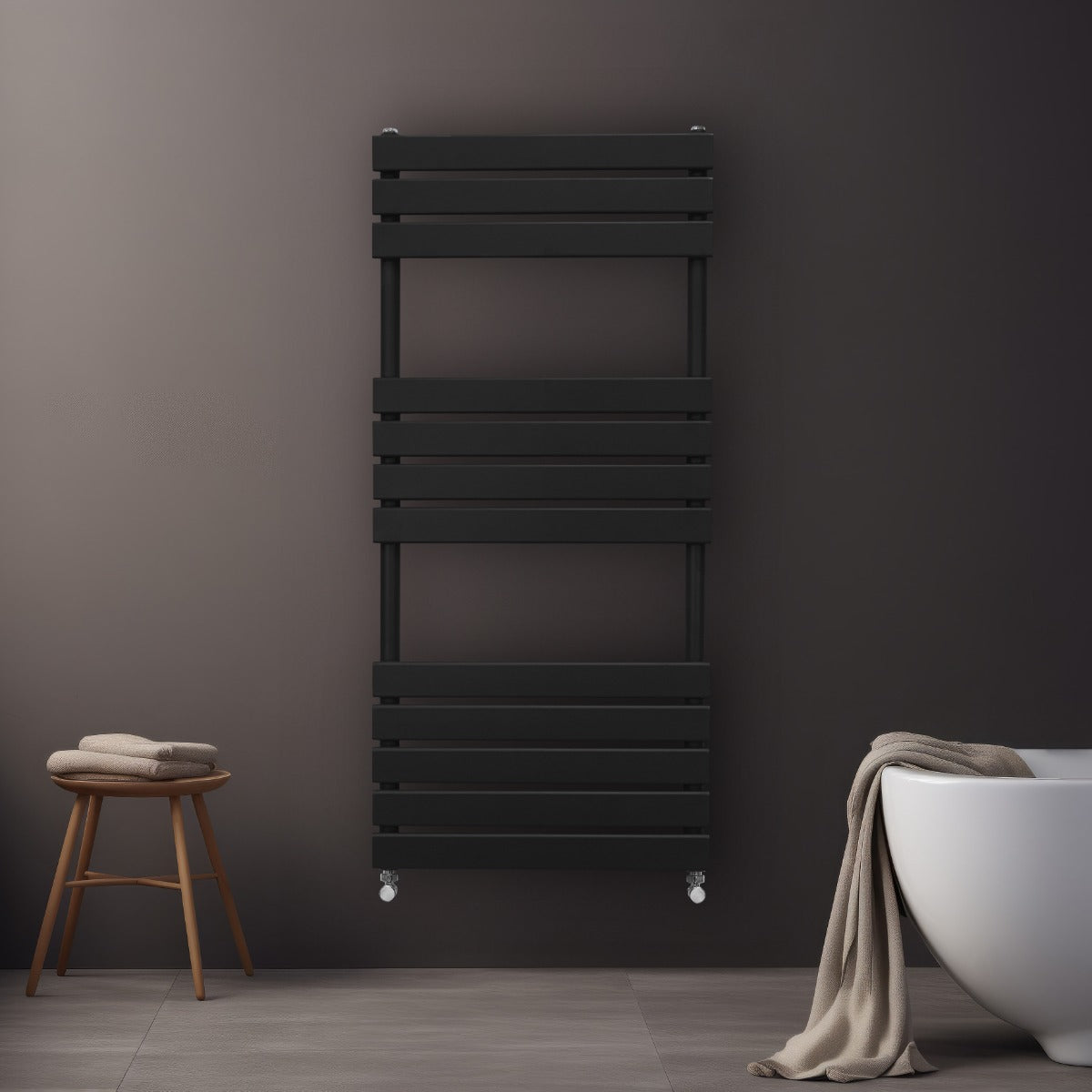 Sleek black flat panel towel radiator mounted on a wall, featuring horizontal slats and a modern design, ideal for stylish bathrooms