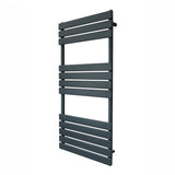 Flat panel towel radiator in anthracite grey, featuring sleek horizontal slats and a modern design, perfect for contemporary bathrooms