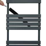Anthracite grey flat panel towel radiator with sleek lines, featuring a hand holding a brush for easy cleaning between the slats