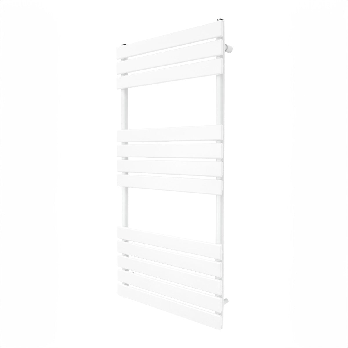 Sleek white flat panel towel radiator measuring 1200mm x 600mm, featuring horizontal slats and a modern minimalist design