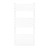 Sleek white flat panel towel radiator, measuring 1200mm x 600mm, featuring horizontal slats and a modern minimalist design