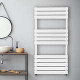 Sleek white flat panel towel radiator with horizontal slats, mounted on a gray wall, enhancing modern bathroom decor