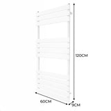 Sleek white flat panel towel radiator measuring 1200mm x 600mm, featuring smooth lines and a modern design for efficient heating