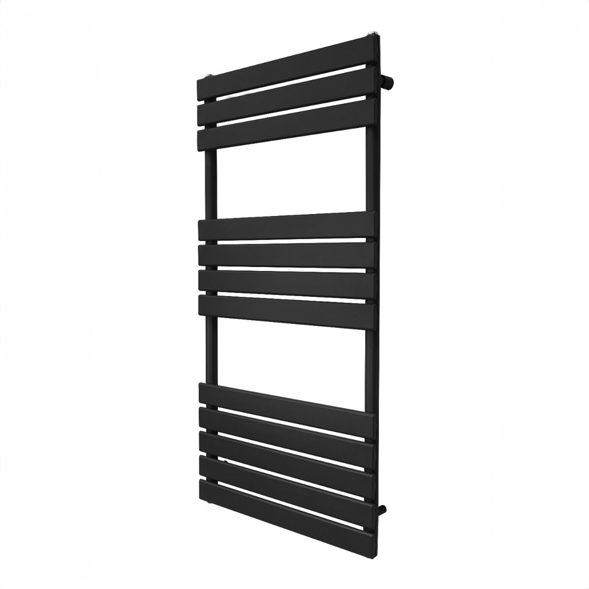 Sleek black flat panel towel radiator with horizontal slats, measuring 1200mm x 600mm, ideal for modern bathrooms and efficient heating