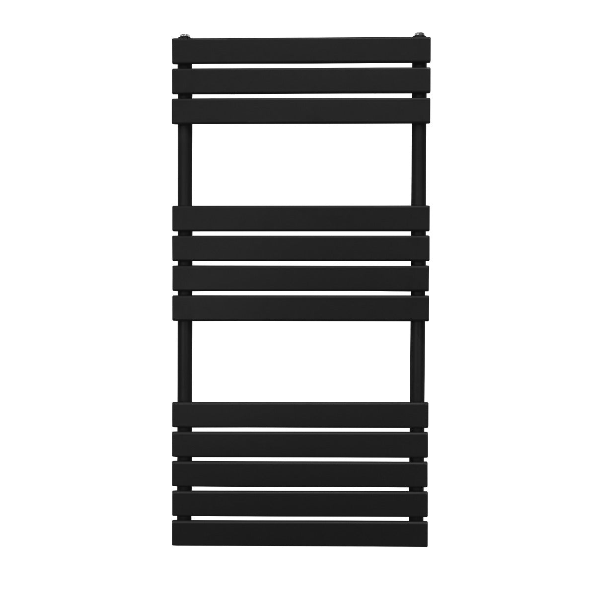 Sleek black flat panel towel radiator measuring 1200mm x 600mm, featuring horizontal slats for modern bathroom decor