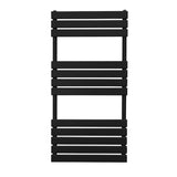 Sleek black flat panel towel radiator measuring 1200mm x 600mm, featuring horizontal slats for modern bathroom decor