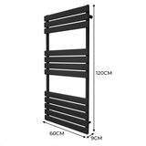 Sleek black flat panel towel radiator, measuring 1200mm x 600mm, featuring horizontal slats and a modern design for efficient heating