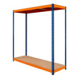 Sturdy S-Rax 2 shelf racking unit in orange and blue, featuring a robust metal frame and smooth wooden shelves, ideal for storage