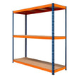 Three-tier industrial racking system with orange shelves and blue steel frame, measuring 180cm x 180cm x 60cm, ideal for storage
