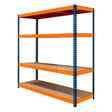 Four-tier industrial shelving unit with orange metal frame and brown particleboard shelves, measuring 180cm x 180cm x 60cm