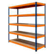 Five-tier industrial racking system with orange shelves and blue metal frame, measuring 180cm x 180cm x 60cm, ideal for storage
