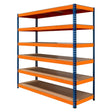 Sturdy S-Rax 6 shelf racking unit with vibrant orange shelves and blue metal frame, ideal for storage and organization in various spaces