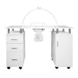 Sleek white manicure table with storage drawers, featuring a modern LED half moon lamp for optimal lighting during nail care