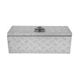 Durable 35L aluminum tool box with a diamond plate texture, featuring a secure latch and a sleek silver finish for easy organization
