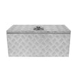 Large 70L aluminum tool box with a diamond plate texture, featuring a secure latch and a sleek silver finish for durability