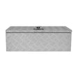 Silver aluminum tool box with a textured diamond plate design, featuring a secure latch and spacious 60L capacity for storage