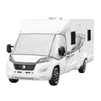White motorhome with a fitted screen cover, featuring a smooth texture and sleek design, ideal for sun protection and privacy