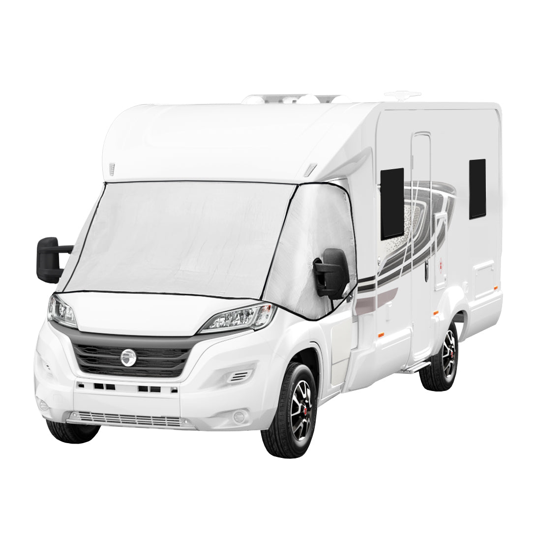 White motorhome with a fitted screen cover, featuring a smooth texture and sleek design, ideal for sun protection and privacy