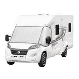 White motorhome with a fitted screen cover, featuring a smooth texture and sleek design, ideal for sun protection and privacy