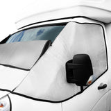 Reflective motorhome screen cover with silver exterior, designed to block sunlight and heat, fits snugly over the windshield and side mirror