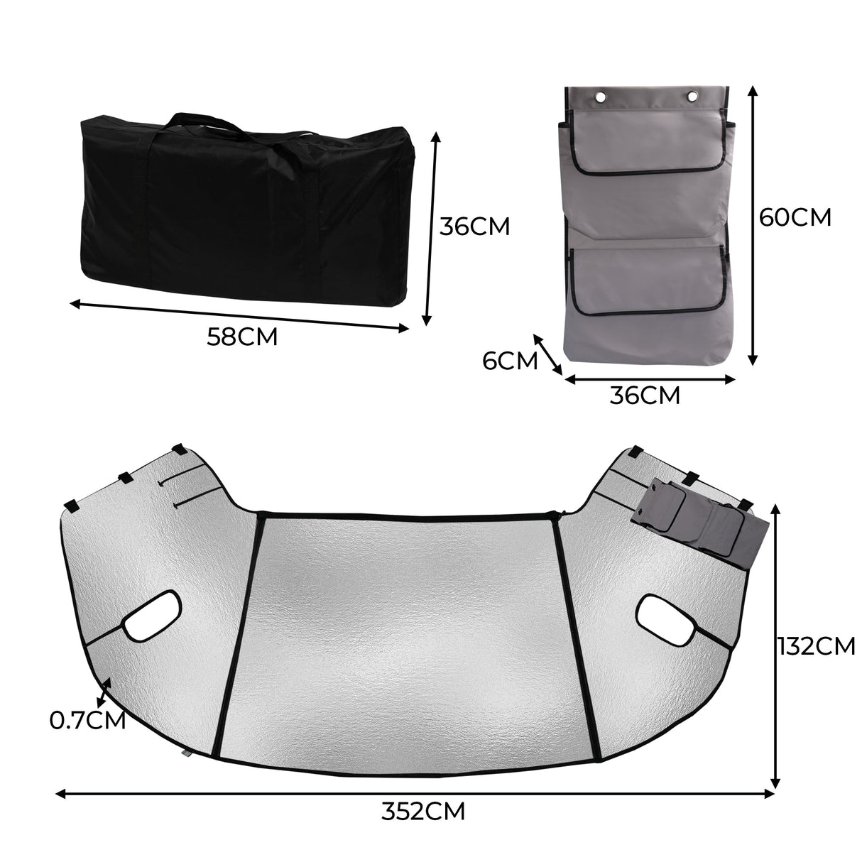 Reflective motorhome screen cover with black edges, measuring 352cm x 132cm, includes storage bag and three pockets for convenience