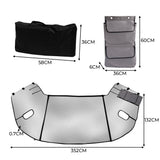 Reflective motorhome screen cover with black edges, measuring 352cm x 132cm, includes storage bag and three pockets for convenience