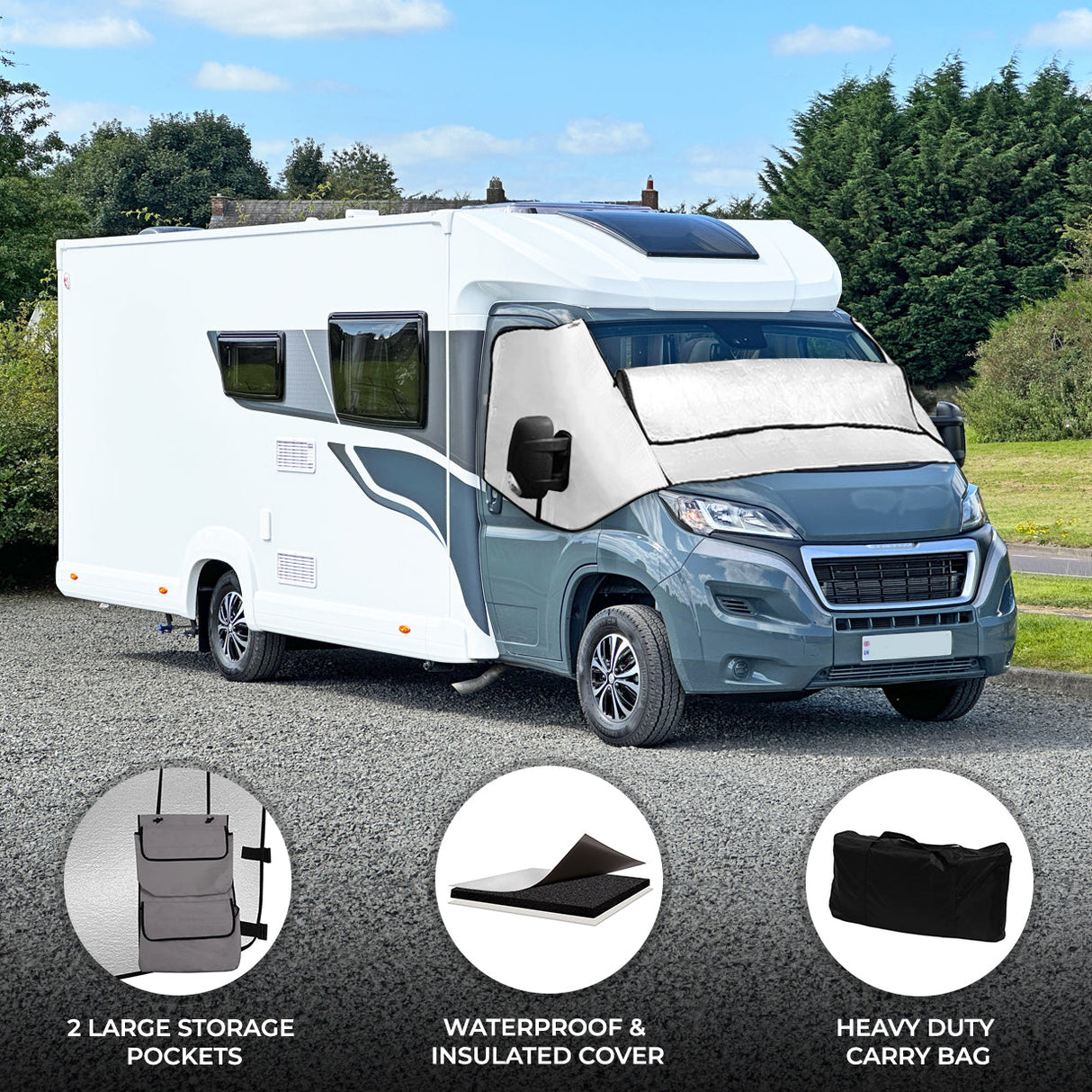 Waterproof motorhome screen cover in gray, featuring insulated fabric, large storage pockets, and a heavy-duty carry bag for convenience