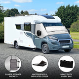 Waterproof motorhome screen cover in gray, featuring insulated fabric, large storage pockets, and a heavy-duty carry bag for convenience