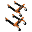 Hydraulic positioning skates in orange and black, featuring sturdy wheels and adjustable frames for easy maneuverability of heavy loads