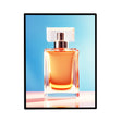 Elegant glass perfume bottle with a square cap, filled with amber liquid, set against a soft blue background in a light box
