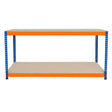 Sturdy S-Rax 2 tier workbench with a bright orange top and blue metal frame, offering ample storage space for tools and equipment