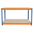 Sturdy two-tier workbench featuring a blue metal frame and orange accents, with spacious beige wooden surfaces for versatile use