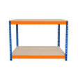 Two-tier workbench with a sturdy blue metal frame and orange accents, featuring smooth beige surfaces for versatile workspace use