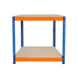 Two-tier workbench featuring a sturdy blue metal frame with orange accents and smooth beige surfaces, ideal for workspace organization